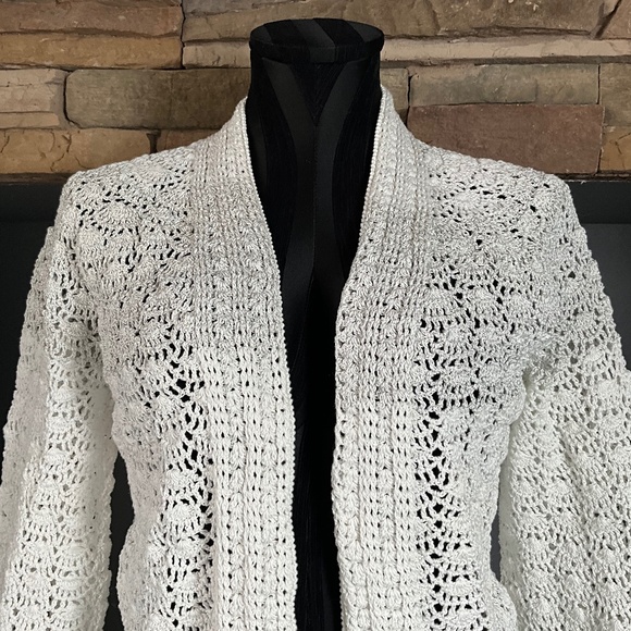 Handmade Knit Crochet Open Front Cardigan Sweater Boho White Silver Metallic S - Picture 3 of 8